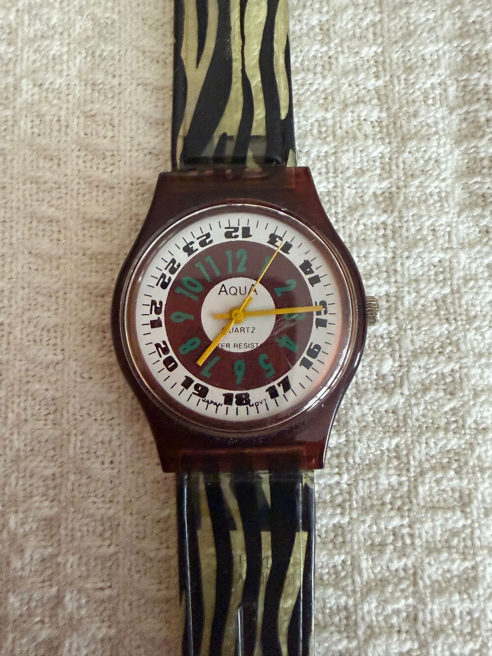 Aqua Quartz Water Resistant Zebra Stripe Watch with 24-Hour Dial